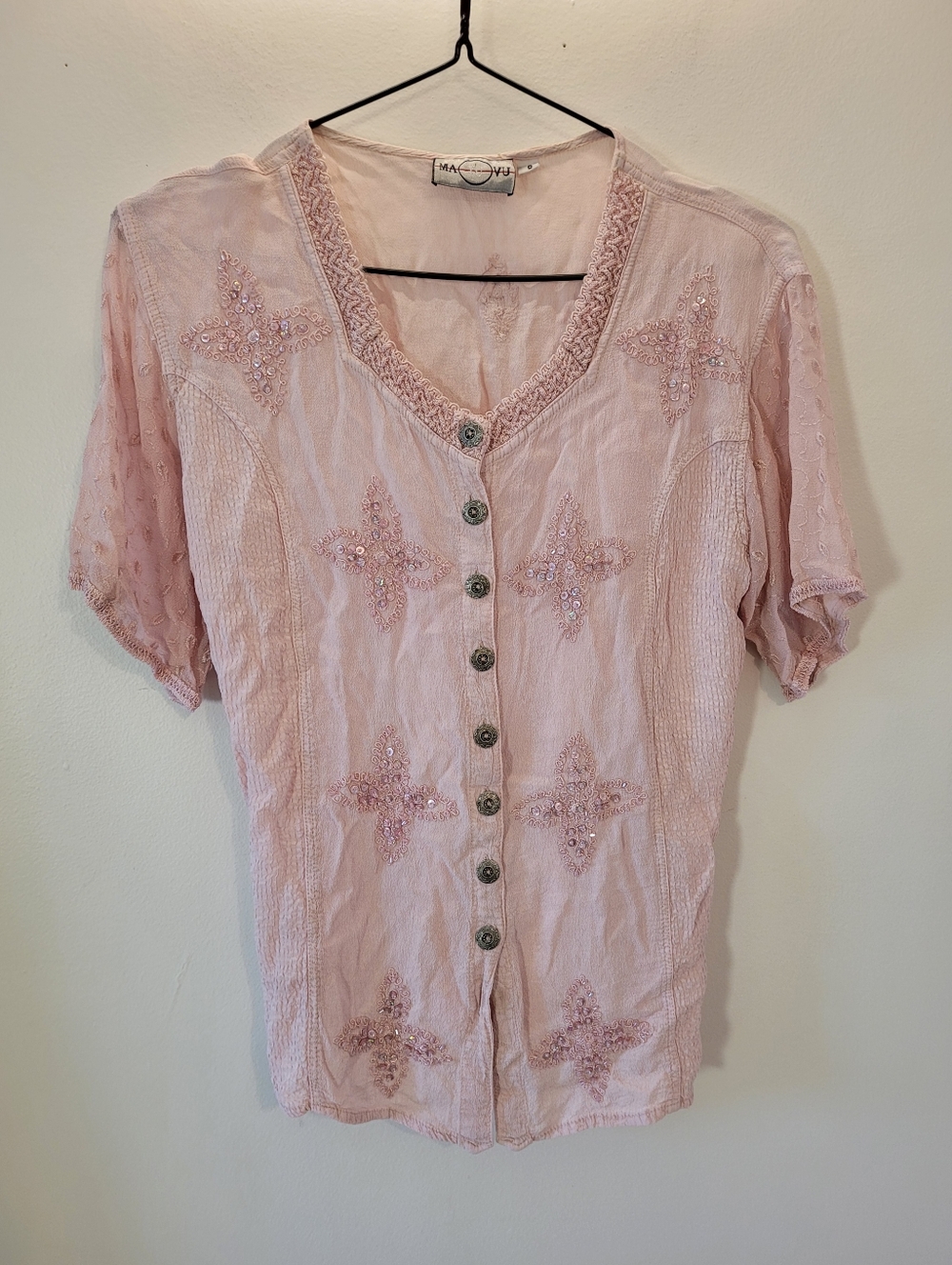 Vintage Ma Tu Vu Boho Whimsy Fairycore Pink Short Sleeve Button Up Blouse - S